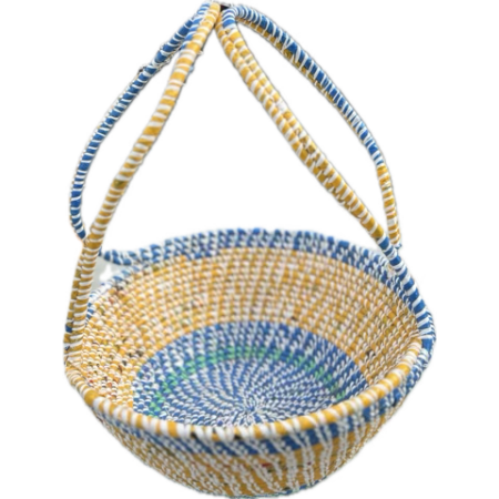 Handmade yellow, blue, green and white woven basket with two handles