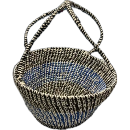 Handmade black, dark blue and white woven basket with two handles