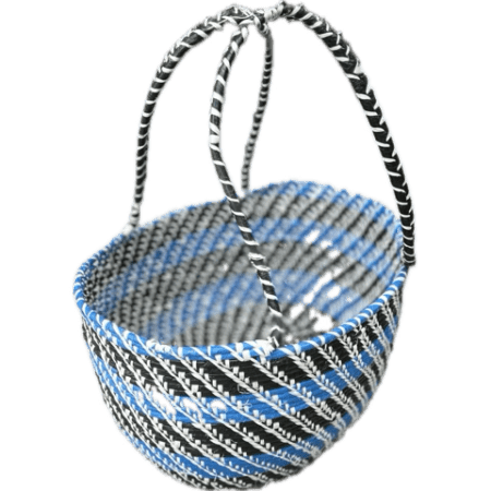 Handmade black, dark blue and white woven basket with two handles
