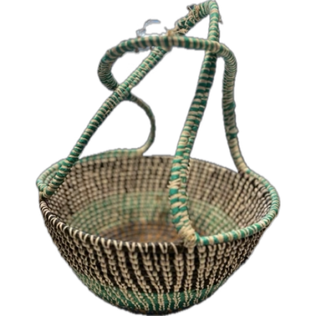 Handmade black, teal and white woven basket with two handles