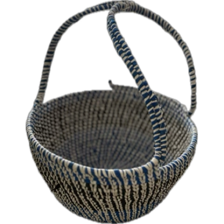 Handmade black, navy blue and white woven basket with two handles