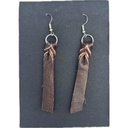 Dark brown, thin leather dangling earrings