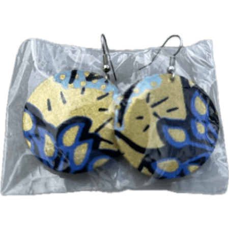Circular fabric earrings with gold and shades of blue.