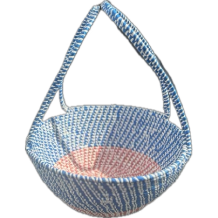 Handmade blue and red and white woven basket with two handles