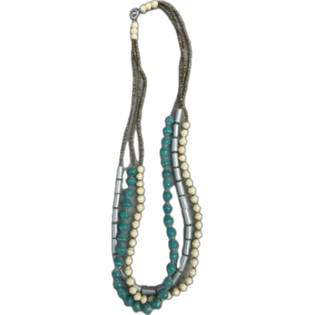 Multi-strand beaded necklace (teal, ivory, grey)