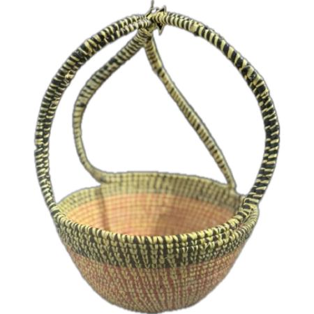 Handmade black, red and yellow woven basket with two handles