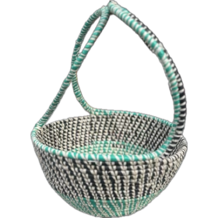 Handmade teal, black and white woven basket with two handles