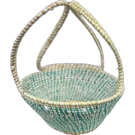 Handmade teal, yellow and white woven basket with two handles